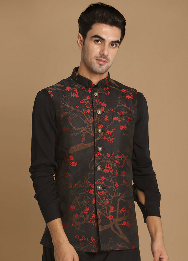 alt message - Manyavar Men Dark Blue Cherry Blossom Kurta Jacket image number 0